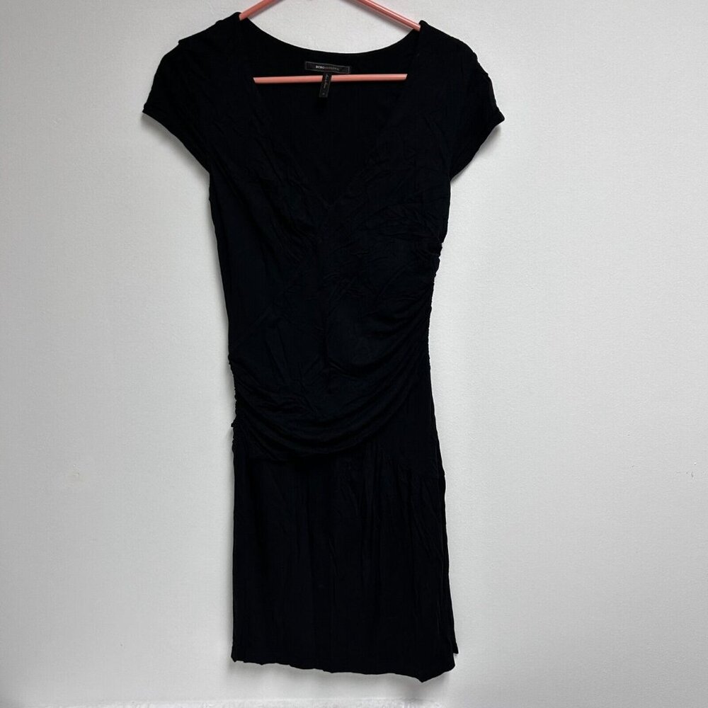 BCBG Maxazria Women Medium Black Ruched Drape V-Neck Short Sleeves Bodycon Dress